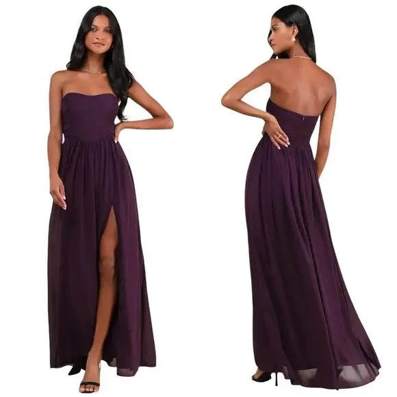 Lulus Luxe Favorite Dark Purple Strapless Ruched Maxi Dress size Large NWT - Picture 1 of 7